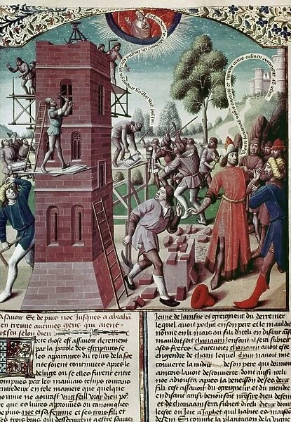 THE TOWER OF BABEL. 15th Century French manuscript illumination by Master Francois