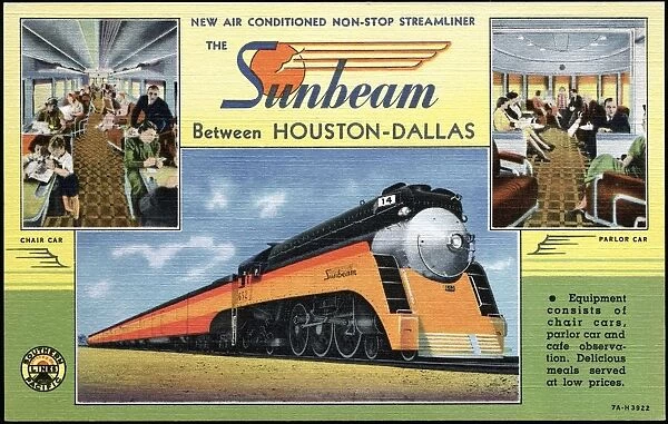 Advertisement for the Sunbeam Train. ca. 1937, Texas, USA, THE SUNBEAM. A full length, high speed, streamlined passenger train operating over Southern Pacific Lines between Houston and Dallas. It is the smoothest running and most luxuriously furnished and appointed train in the Southwest