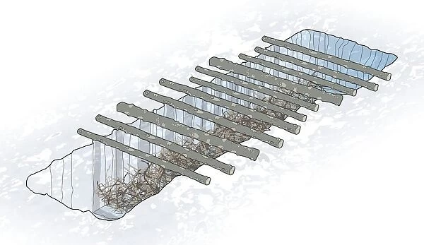 Digital illustration of framework of branches across rectangular fighter trench lined with twigs