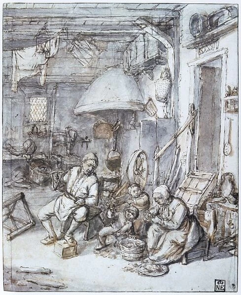 Dutch Peasant Family Pen, brown ink, grey and brown wash. Adrien van Ostade