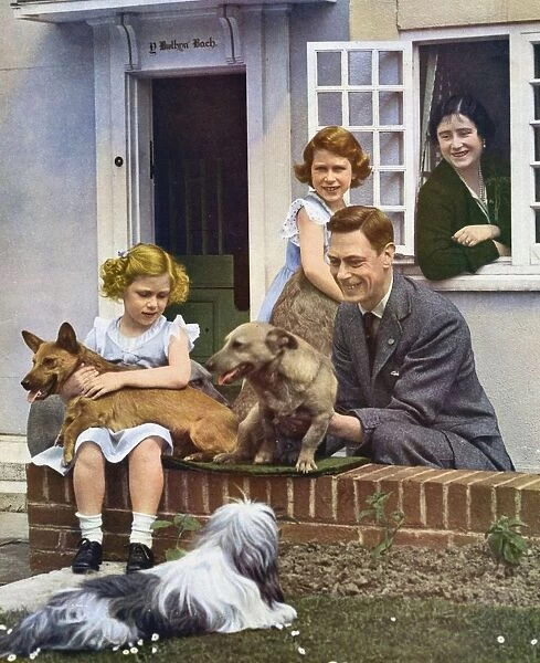 George VI with his daughters and their pet dogs outside Y Bwthyn Bach (The Little