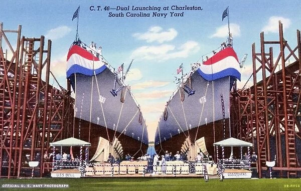 Launching of USS Bell and USS Stevens. ca. 1942, Charleston, South Carolina, USA, Dual Launching at Charleston, South Carolina Navy Yard