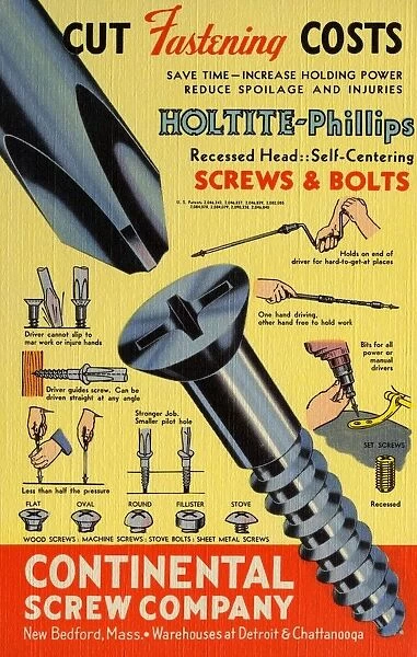 Postcard Advertisement for Continental Screw Company. ca. 1938, We are also prepared to supply a complete line of conventional SLOTTED SCREWS and BOLTS. SCREWS: Wood, Drive, Lag, Machine, Side Knob, Lock Cap. BOLTS: Stove, Sink, Carriage, Machine, Step, Hanger. NUTS: Square, Hexagon, Wing. RODS: Stove, Chair, Ladder. WASHERS: Countersunk, Flush Type. RIVETS: Tubular, Fuse Plug. MISCELLANEOUS: Escutcheon Pins, Bed Crating Hooks, Slotting Saws, Specials. Continental Screw Company. 459 MT. PLEASANT ST. NEW BEDFORD, MASS