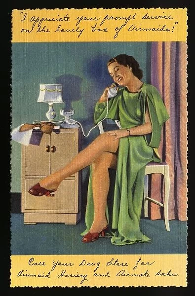 Promotion for Airmaid Hosiery. ca. 1938, I appreciate your prompt service on the lovely box of Airmaids Call your Drug Store for Airmaid Hosiery and Airmate socks. We have added another service for your convenience--Airmaid Hosiery, sold through drug stores exclusively from coast to coast. This is our invitation for you to come in and see these lovely sheer hose. $0. 89, $1. 00, $1. 15 and $1. 35 in 2, 3 and 4 threads. Cordially