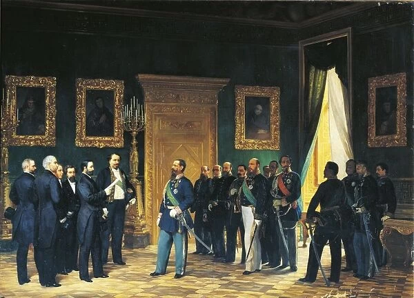 Second War of Independence - Victor Emmanuel of Savoy receiving Tuscan envoys with the Decree of the Annexation of Tuscany to the Italian Kingdom, 1859, painted by Giovanni Mochi, 1829-1893