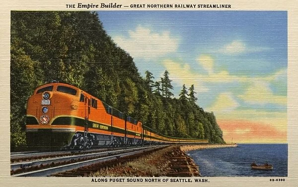 Streamliner Along the Puget Sound. ca. 1948, North of Seattle, Washington, USA, The route of the Empire Builder, extends between Seattle-Portland and Chicago, via Spokane and Minnesotas Twin Cities. The five de luxe streamliners in this fleet provide daily departures in both directions from every point served. Every travel luxury and comfort is available, at no extra fare