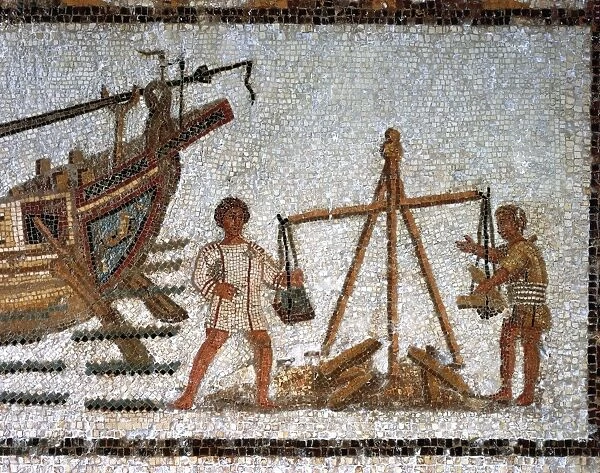 Tunisia, Sousse, Mosaic depicting weighin of load from ship carrying iron minerals, from Hadrumetum