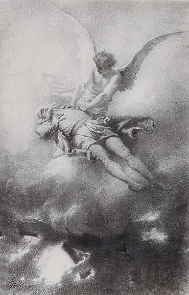 Adam and Lucifer in space, Scene 13 from Imre Madachs poem The Tragedy of Man (engraving)