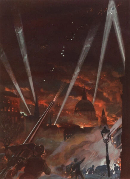 Air raid on London during the Blitz, World War II, 1940-1943 (colour litho)
