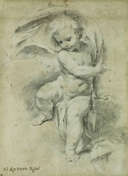 An Angel, (black and white chalk on light brown paper)