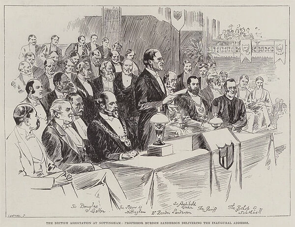 The British Association at Nottingham, Professor Burdon Sanderson delivering the Inaugural Address (engraving)