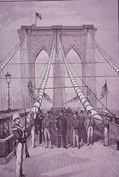 Brooklyn Bridge, President Arthur at its opening ceremony, 24 May 1883 (engraving)