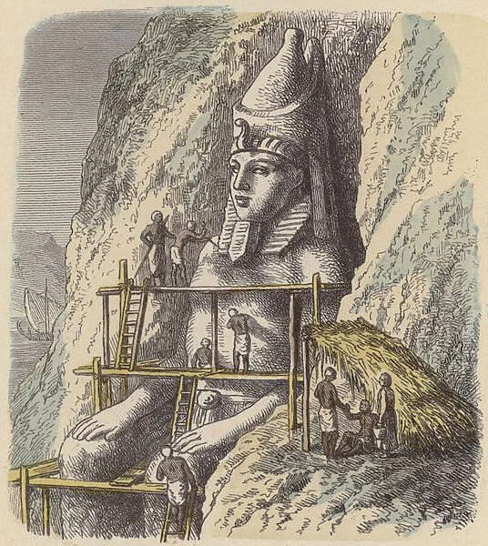 Carving a statue of an Ancient Egyptian pharaoh out of a rock face (coloured engraving)