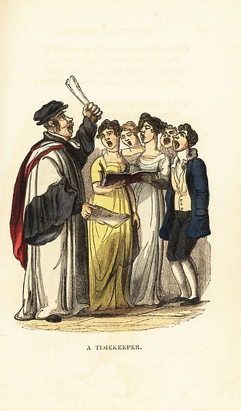 A choirmaster leading a choir in Georgian England. 1831 (engraving)
