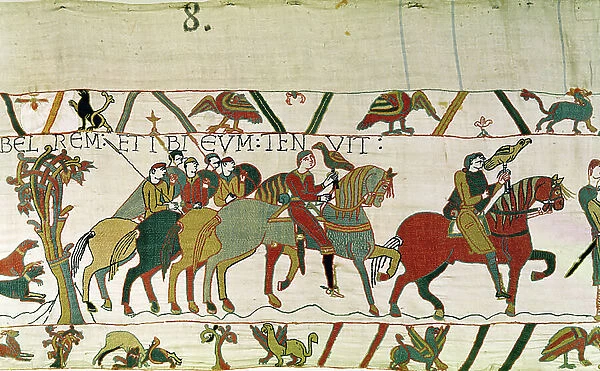 Count Guy leads Harold to Beaurain where he holds him, Bayeux Tapestry (wool embroidery on linen)