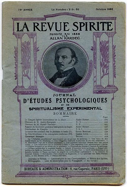 Cover of a number of 'La revue spirite'portrait of founder Allan Kardec