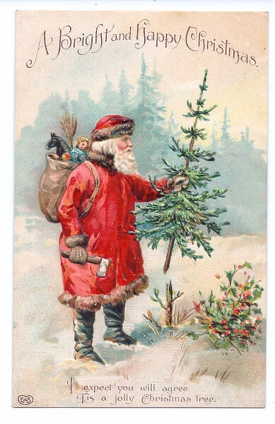 Edwardian Christmas postcard of Father Christmas holding a Christmas tree with a sack of