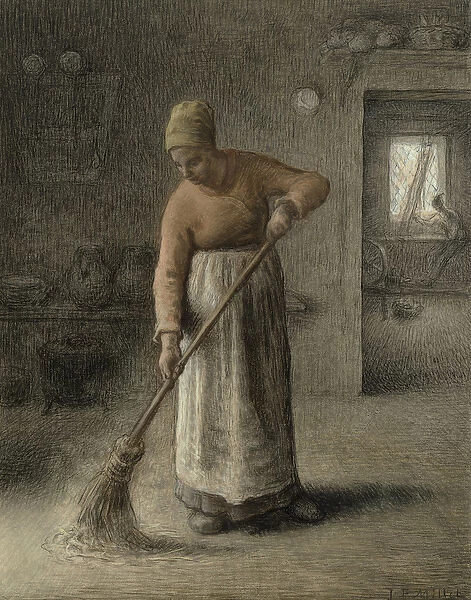 A Farmers wife sweeping, 1867 (pastel on brown paper)