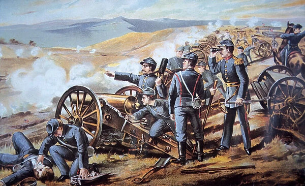 Federal field artillery in action during the American Civil War (colour litho)