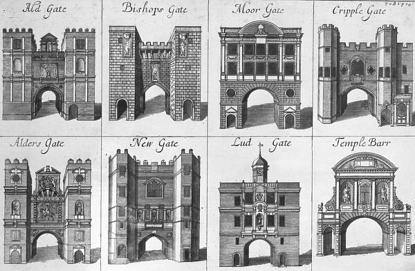 The Eight Gates of the City of London (engraving) (b  /  w photo)