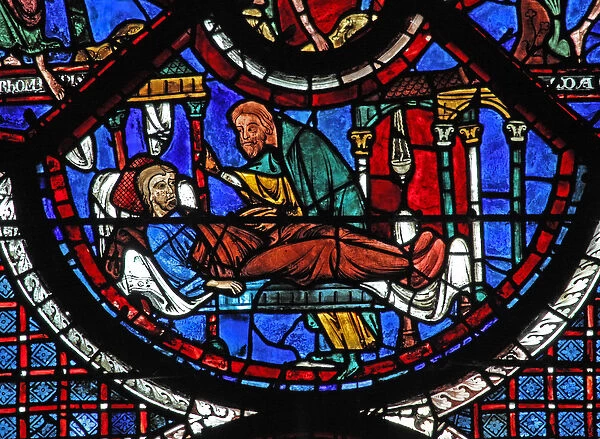 The Good Samaritan window: the Samaritan tends the wounded man (w44) (stained glass)