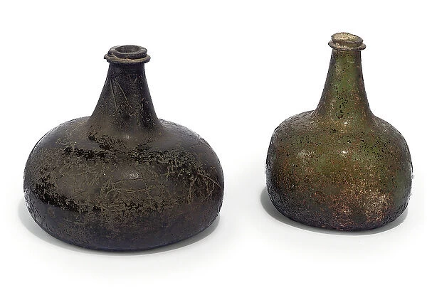Two green onion wine bottles, c. 1700 (glass)