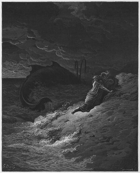 Gustave Dore Bible: Jonah cast forth by the whale (engraving)