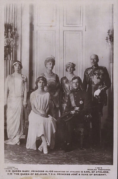 HM Queen Mary, Princess Alice, Countess of Athlone and Earl of Athlone, HM The Queen of Belgium, TRH Princess Jose and Duke of Brabant (b  /  w photo)