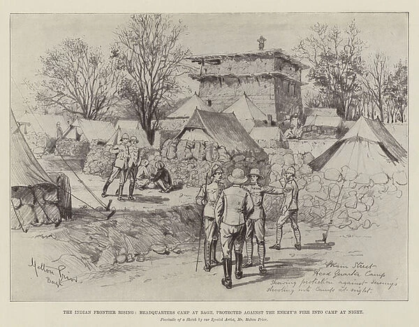 The Indian Frontier Rising, Headquarters Camp at Bagh, protected against the Enemys Fire into Camp at Night (litho)