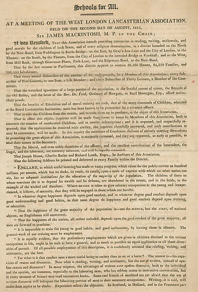 Leaflet explaining a resolution of the West London Lancasterian Association to begin providing instruction to children, August 1813 (engraving)