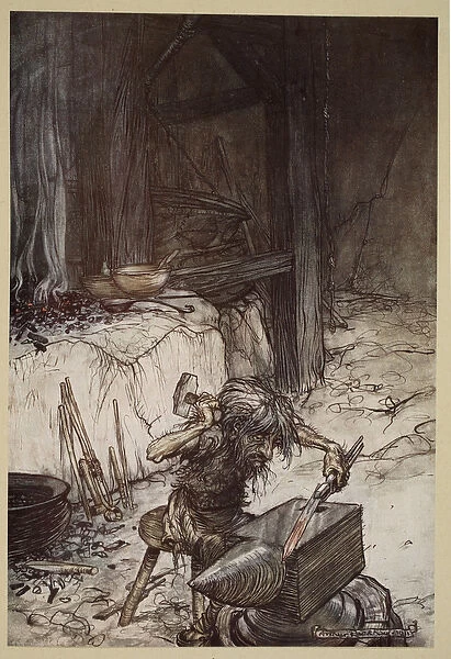 Mime at the anvil, illustration from Siegfried and the Twilight of the Gods