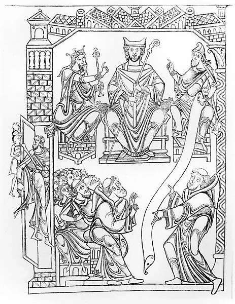 Ms 210 fol 19v. Cartulary of Mont Saint-Michel: Duke Richard II of Normandy making a gift