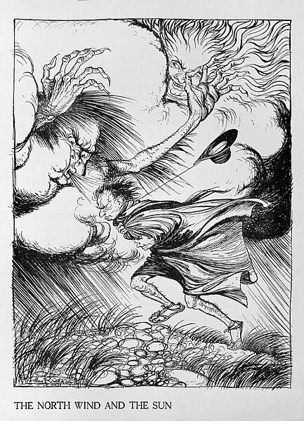The North Wind and the Sun, illustration from Aesops Fables