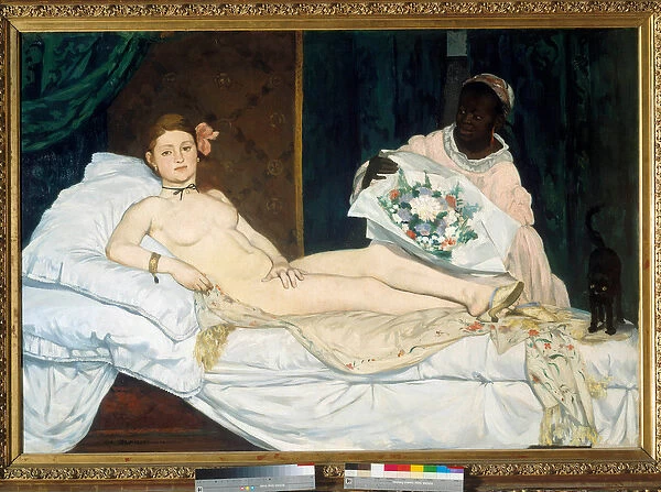 Olympia Young woman naked on a bed with her black maid bringing her a bouquet of flowers