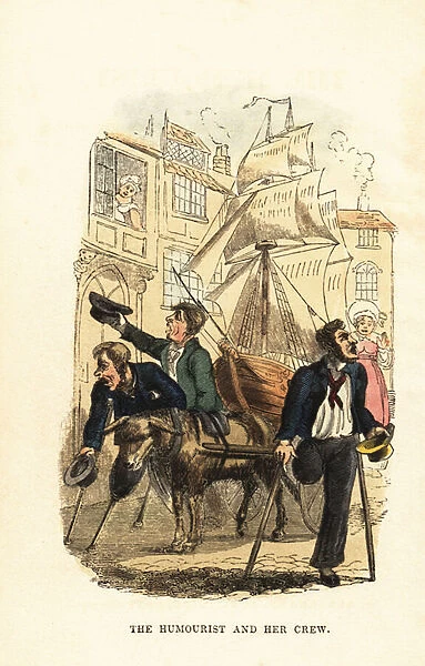 One-legged sailors and sailing ship on a London street. 1831 (engraving)