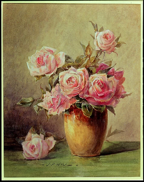 Pink Roses in a Yellow Vase (w  /  c on paper)