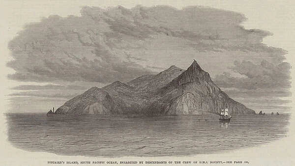 Pitcairns Island, South Pacific Ocean, inhabited by Descendants of the Crew of HMS Bounty (engraving)