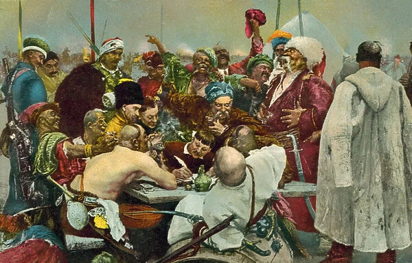 Reply of the Zaporozhian Cossacks to Sultan Mehmed IV of the Ottoman Empire (colour litho)