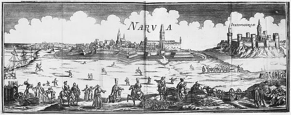 The Russian army besieging Narva in 1700 (engraving) (b  /  w photo)
