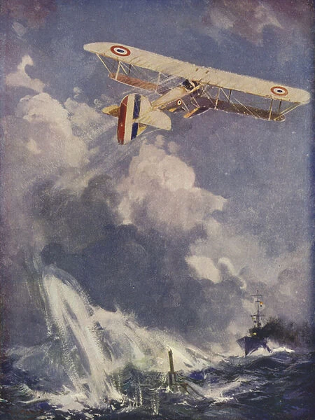 A seaplane bombing a submarine (colour litho)
