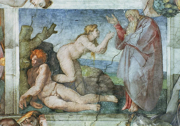 Sistine Chapel ceiling: Creation of eve, with four Ignudi, 1511 (fresco) (pre restoration)
