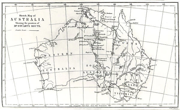 Sketch map of Australia showing the position of Mr. Stuarts Route, 1864 (litho)