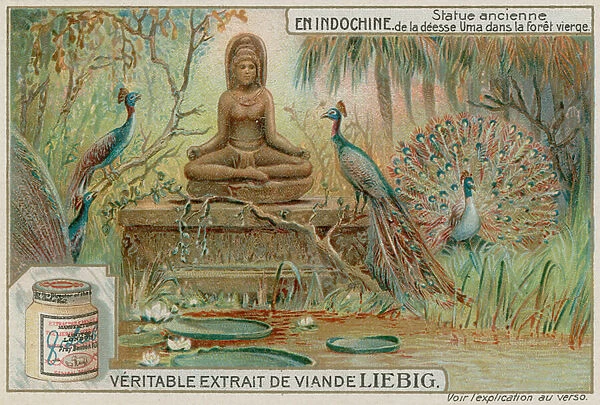 Statue of the Goddess Uma in a Forest with Peacocks (chromolitho)