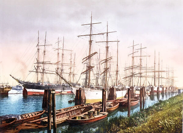 Tall Ships mooring in the Harbour, Hamburg, pub. c. 1895 (postcard chromolithograph)