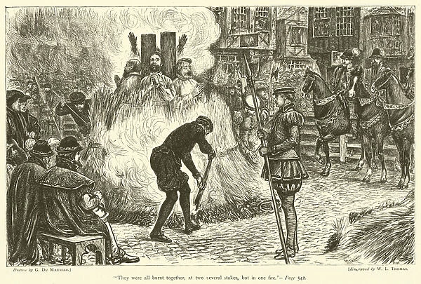 'They were all burnt together, at two several stakes, but in one fire'(engraving)