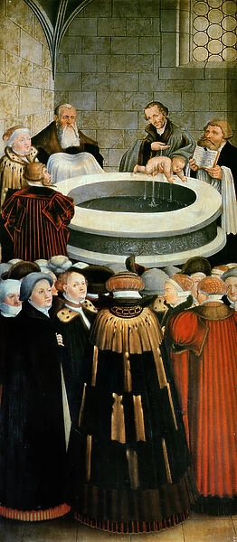 Triptych, left panel, Philipp Melanchthon performs a baptism assisted by Martin Luther