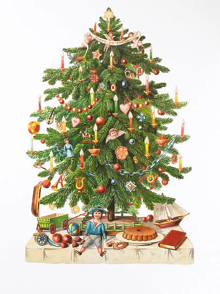 Victorian paper scrap relief of a Christmas tree decorated with toys