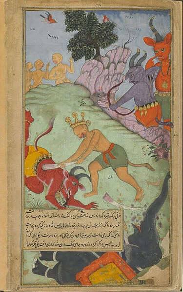 Vol. 2 fol. 227 Angada strikes down Devantaka with a tusk torn from Mahodara