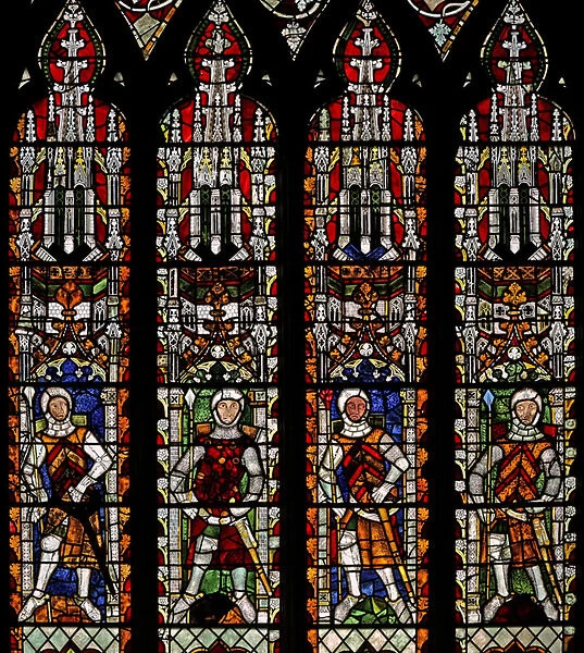 Window s4 depicting De Clare knights and William Lord de la Zouche (stained glass)