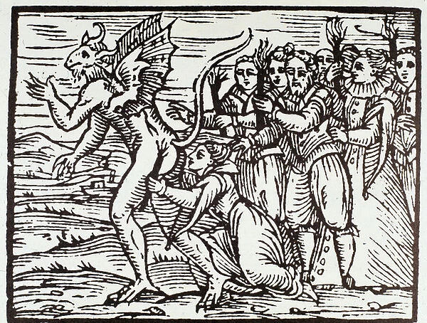 A witch kisses satan (Engraving, 1608)